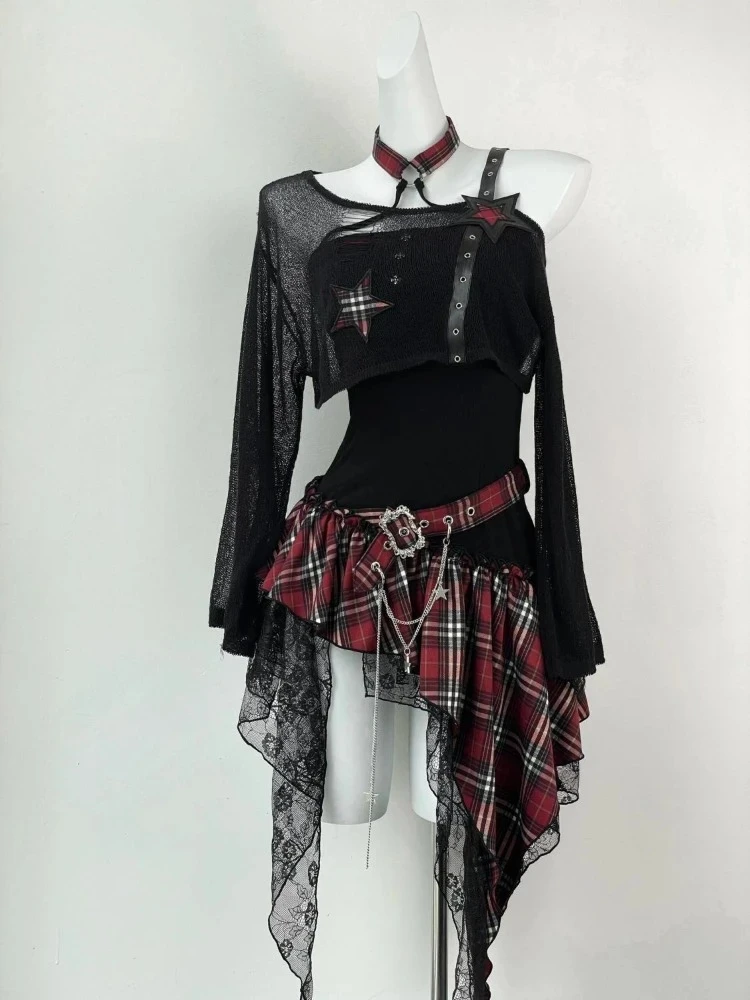 Black Gothic American Vintage 2 Piece Suits Y2K Crop Top Blouse Irregular Dress Women Slim Fit Korean Harajuku Retro Outfit - view 4