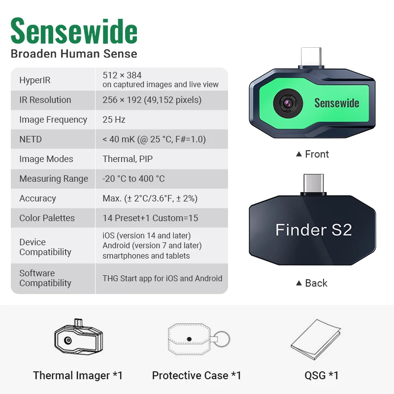 Sensewide Finder S2 Thermische Beeldvormingscamera voor iOS/Android, 512x384 HyperIR, 25Hz, Thermische Camera voor Telefoons en Tablets, USB-C - afbeelding 1