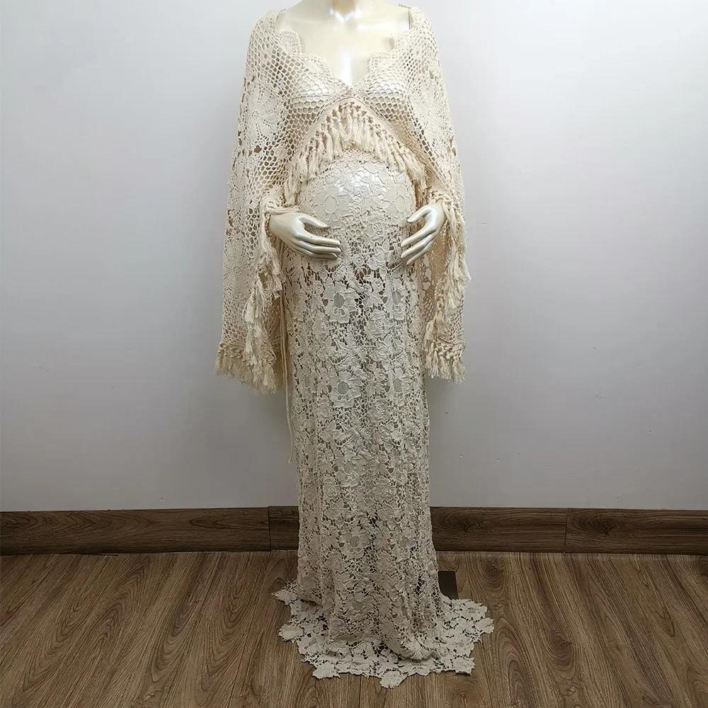 Sexy Hollow Out Maternity Photography Props Boho Beige Dress Cotton Crocheting Cape Tippet with Matched Skirt for Photo Shooting