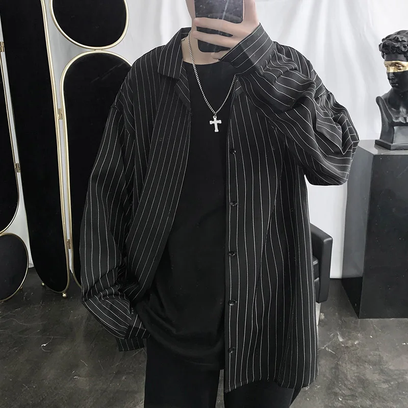 Mens Shirts Fashion Daily Oversize Handsome Korean Style Advanced Striped Long Sleeve Teenagers Spring Autumn All-match Youthful