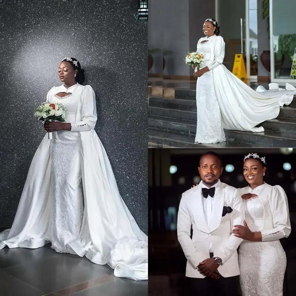 

Customized Overskirt Mermaid Dresses 3/4 Long Sleeves Lace Applique Beade Satin Detachable Train South African Wedding Gown