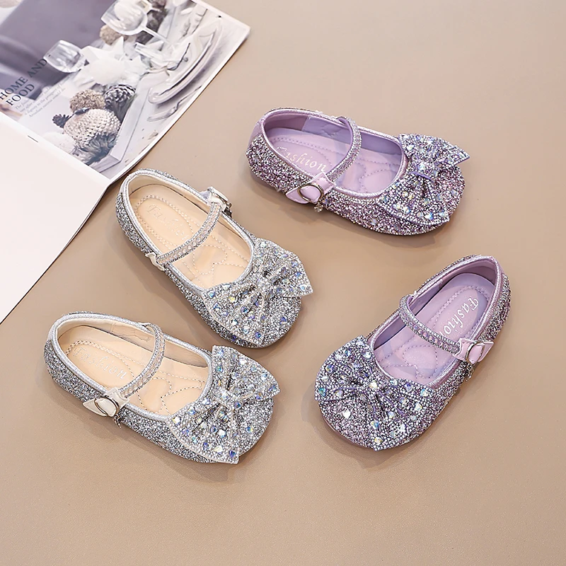 Glitzernde Prinzessinnen-Flachschuhe mit Strasssteinen für Kleinkinder, Frühlings- und Herbstschuhe mit Schleifendekoration, Glitzerkleidschuhe für Party, Hochzeit, Geburtstag – Detail 2
