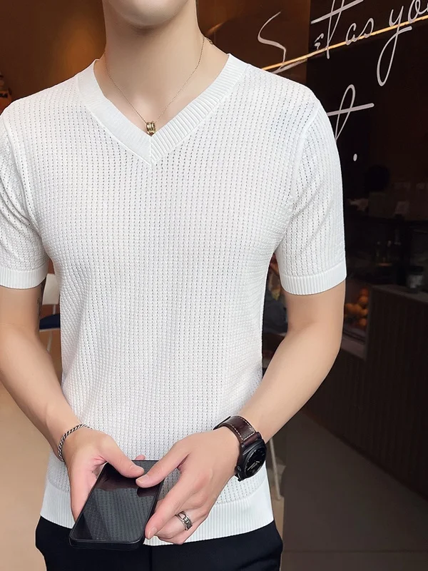 

Мужская приталенная футболка с коротким рукавом из ледяного шелка, V-образный вырез, вязаный топ, модный повседневный корейский трикотаж для весны и осени