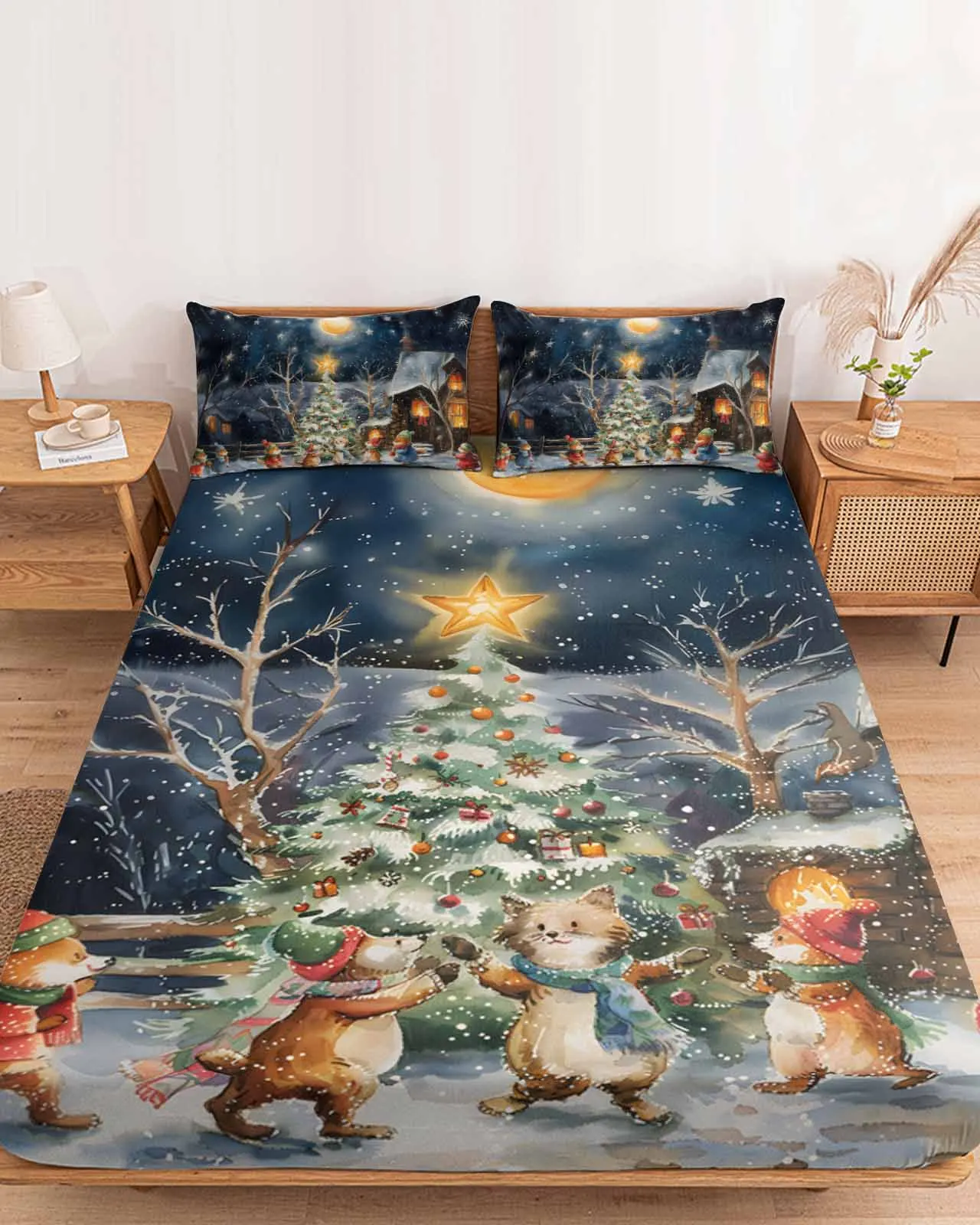 

Animal Christmas Snow Scene Polyester Fitted Sheet Mattress Cover Four Corners Elastic Band Bed Sheet Pilllowcase