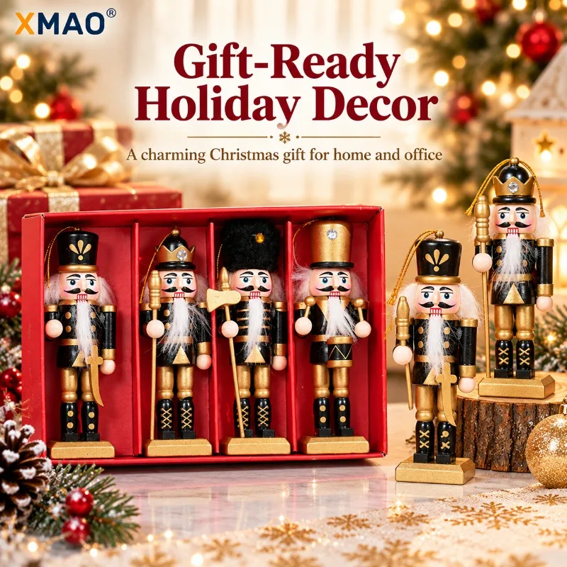 13CM Christmas Wooden Nutcracker Ornament Glitter King Soldier Figurine Tabletop Home Decor Holiday Party Gift Decoration