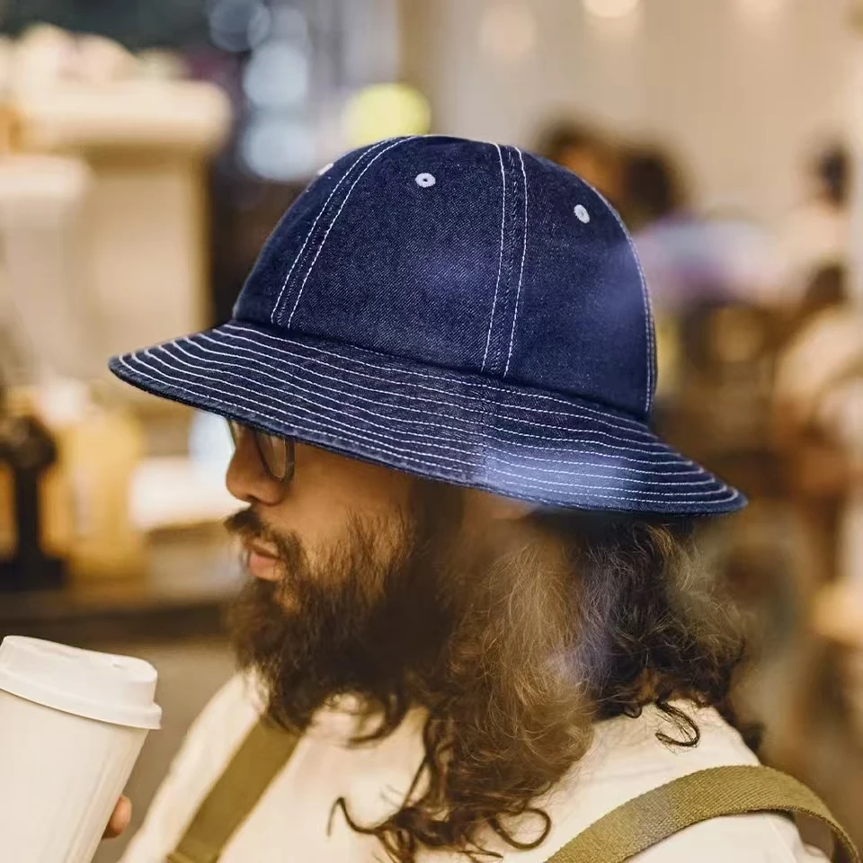 New Vintage Denim Blue Bucket Hat Wide Brim Round Top Sun Hat for Breathable Unisex Fisherman Hat Casual Outdoor Denim Cap