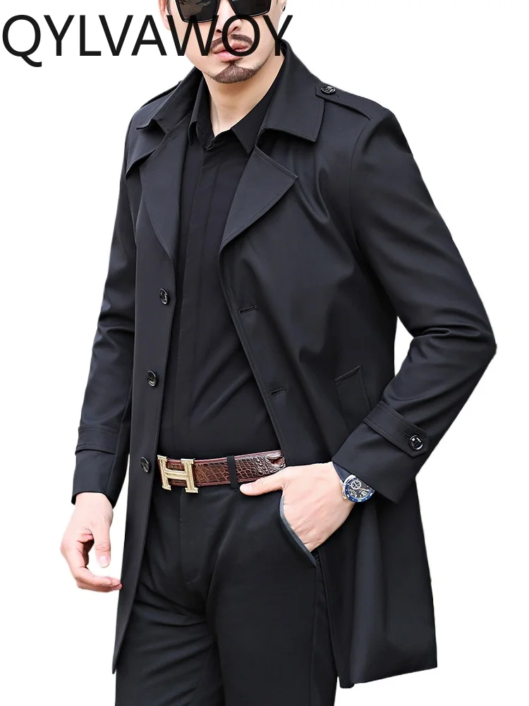 

QYLVAWOY 100% Polyester 2025 New Autumn Mid-Length Trench Coat Middle-Aged Men's Lapel Casual High-End Spring Outerwear LJ2195