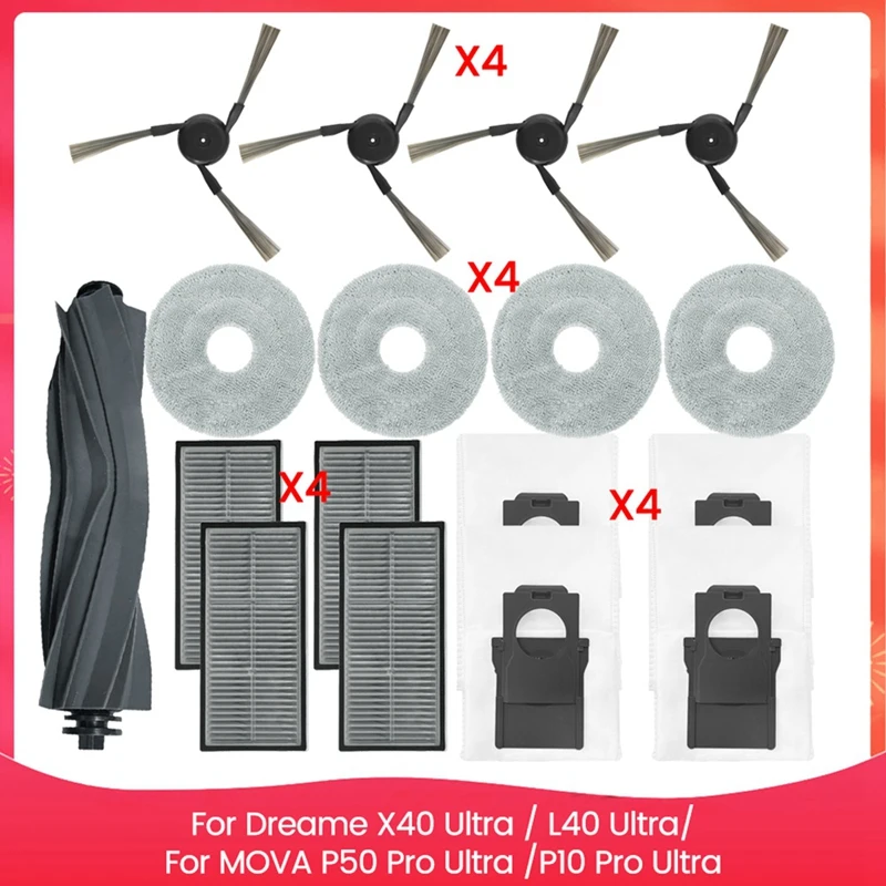 For Dreame X40 Ultra / L40 Ultra, MOVA P50 Pro Ultra /P10 Pro Ultra Parts Main Side Brush Filter Mop Cloth Dust Bag