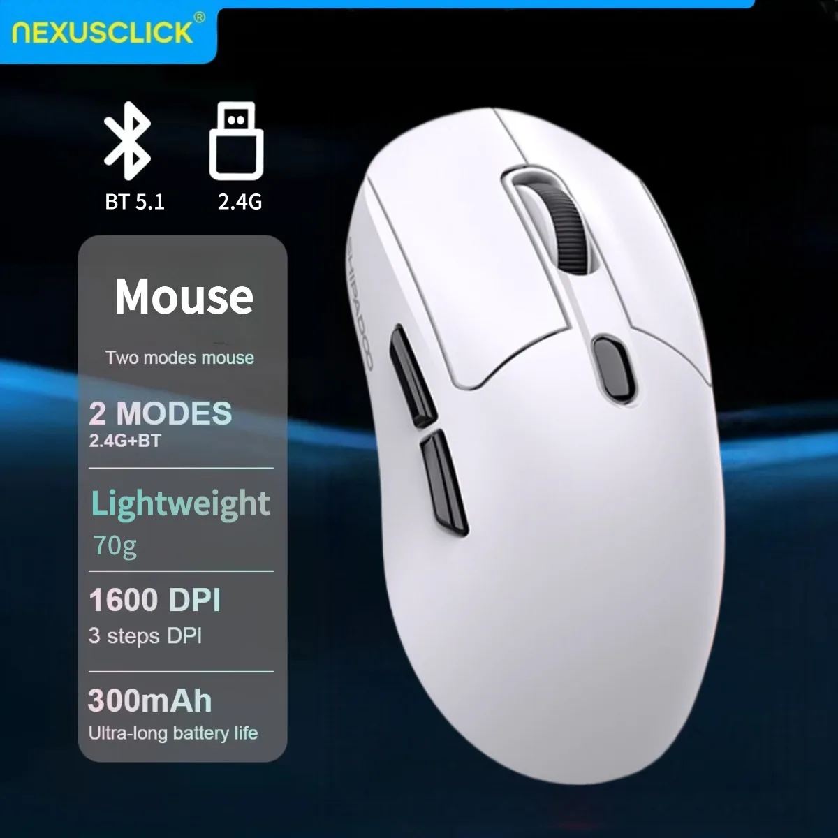 Mouse Sem Fio Superleve NexusClick, Bluetooth 2.4G Recarregável com Sensor para Jogos, DPI Ajustável Ergonômico para PC, Escritório e Gamers