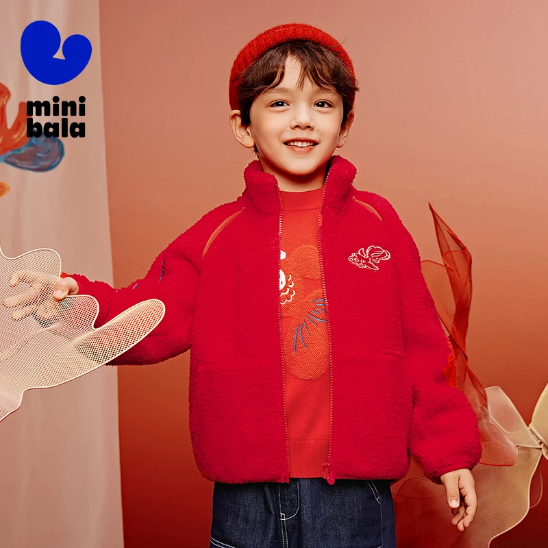 Mini Bala Red New Year's Greeting Outfit for Boys and Girls 2025 New Spring New Outerwear Anti-static Warm Plush Jacket