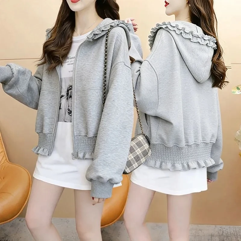 Preppy Style Coats Hoodie Long Sleeve Kangaroo Pocket Zipper Ruffles Jackets Fashion Loose All Match Tops 2026 Women's Clothing