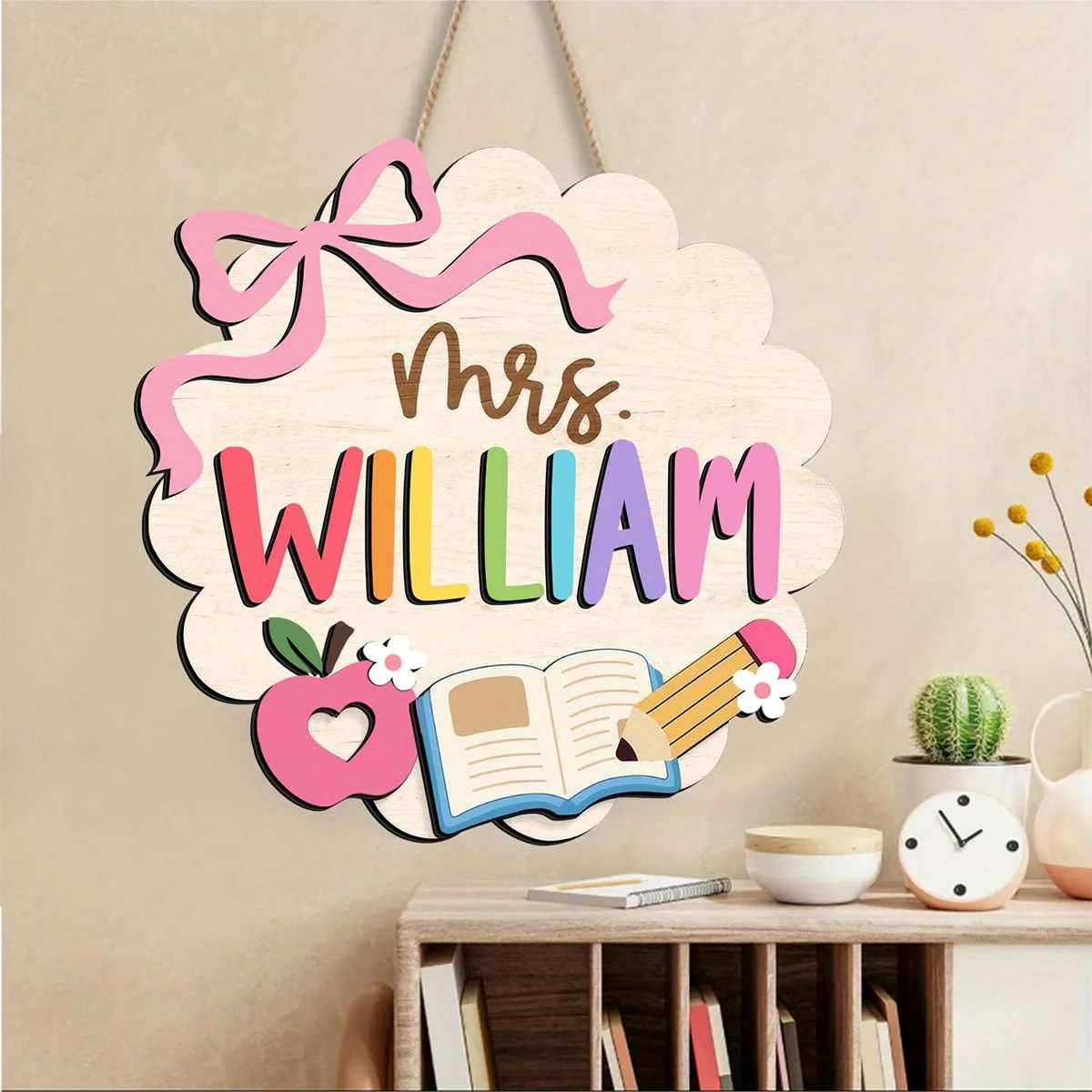 

Personalized Teacher Wooden Wall Sign, Custom Name Decor with Bow & Apple, Ideal Classroom Plaque for Back to School, Teacher's