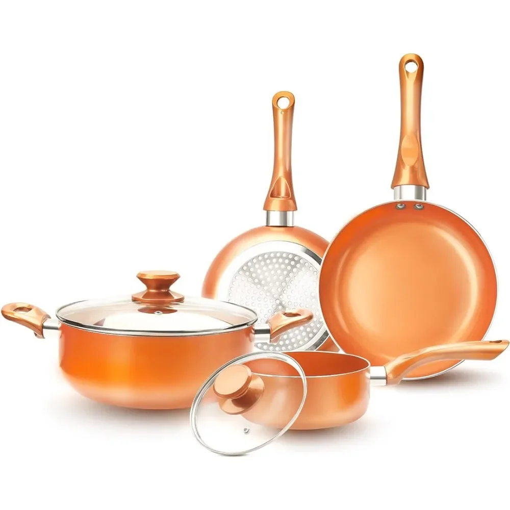 FRUITEAM 6-piece Nonstick Kitchen Cookware Set, Ceramic Coating Cooking Stock / Milk Pot/Frying Pans, Copper Aluminum Pan