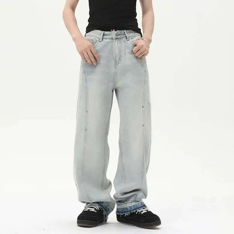 

Wide Men's Clothing Leg Jeans Niche Design Light Colored Male Loose Fitting Straight Leg Curved Denim Pants Trendy R35F