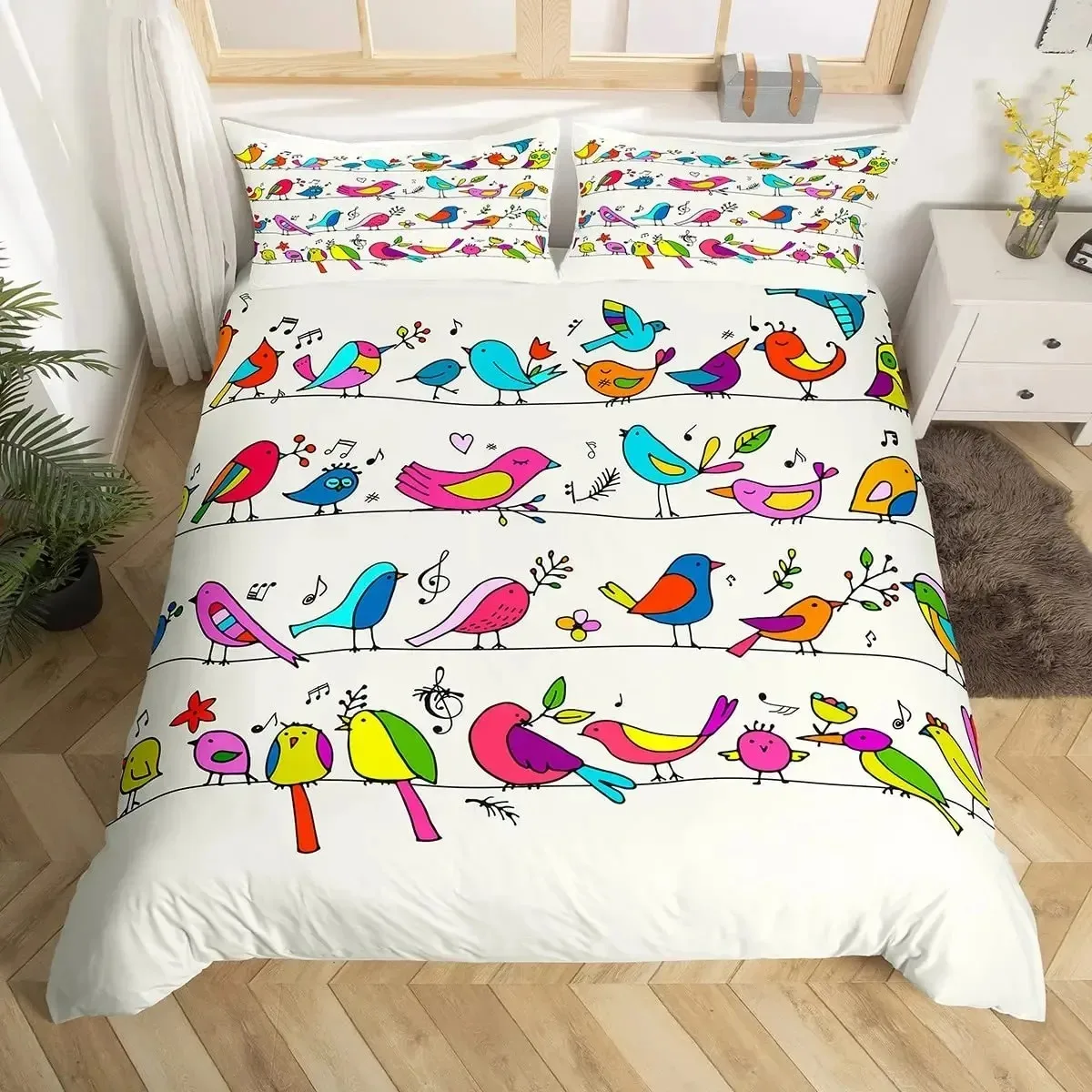 Cartoon Birds Duvet Cover Set,Watercolor Cute Music Animal Bedding Set Comforter Cover,Childlike Style Quilt Cover Set Full Size