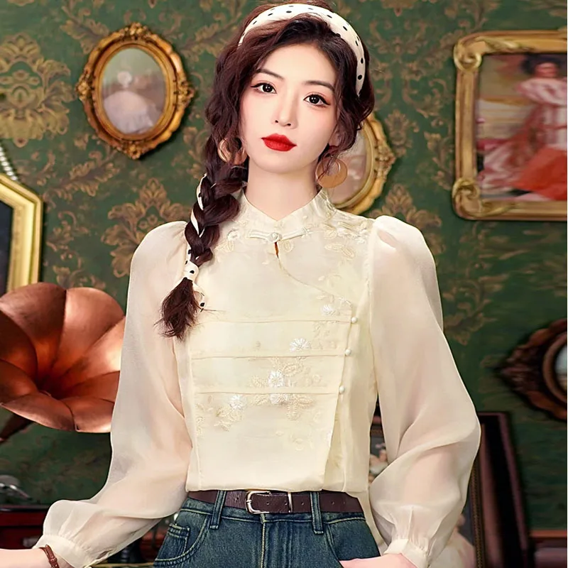 

Fashion Chinese Style Stand Collar Embroidery Blouse Shirt Women Tops Blusas Mujer De Moda 2024 Long Sleeve Blouse Women H518