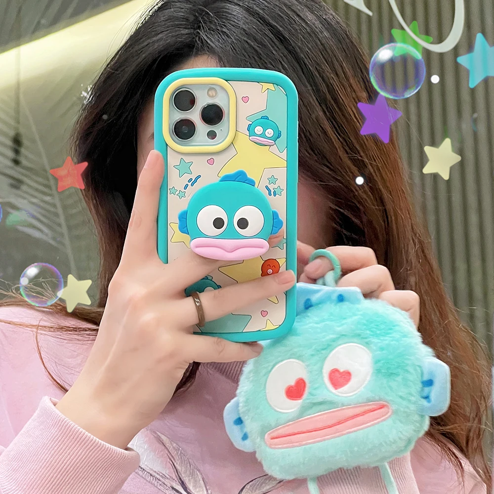 3D Cartoon Sanrios Hangyodon Telescopic Bracket Phone Case for IPhone 15 14 13 12 11 Pro Max Soft Silicone Back Cover Gift