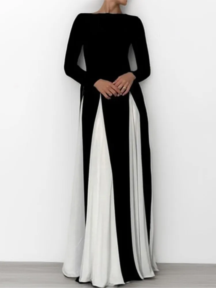 

Women Elegant Black White Contrasting Patchwork Maxi Dresses Women Fashion O-neck Long Sleeves Slim Dress Female Evening Party