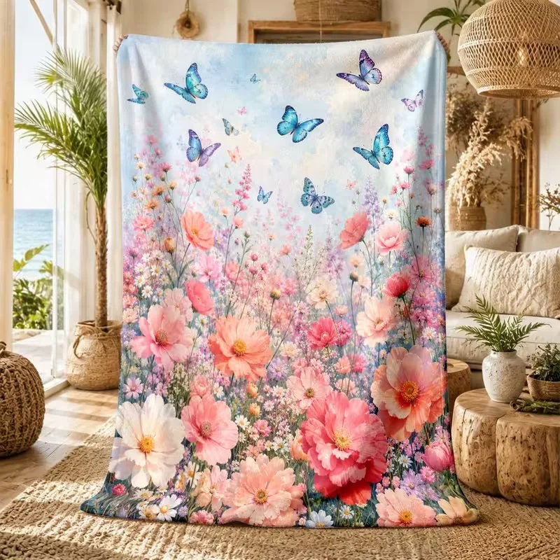 Vintage Watercolor Wildflower Blue Butterfly Print Throw Blanket Pink Poppy Floral Pattern Soft Warm Blanket All Season