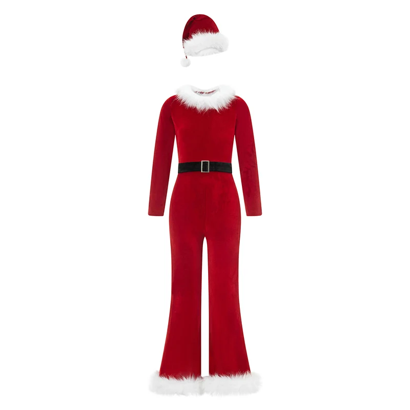 Women Christmas Costumes Cute Solid Color Long Sleeve Flared Jumpsuit and Santa Hat Set for Cosplay Role-Playing Party Outfits