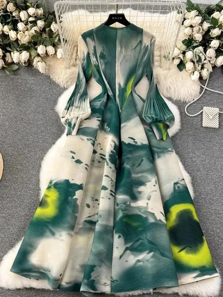 Luxury Halo Dyed Printed Wrinkle Stretch Long Robe Miyake Pleated Dress Women Cotton Lantern Sleeve Party Prom Evening Vestidos