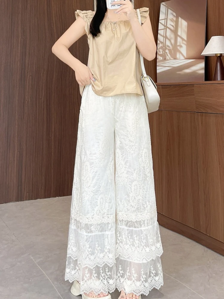 Embroidered hollow out lace wide leg pants women in summer high waist design sense casual versatile sun protection pants