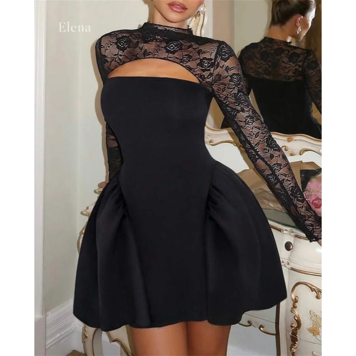 Elena Black Cocktail Dress A-Line High Long Sleeve Sheer Floral Illusion Yoke Chest Lace Short Birthday Party Fit Customized