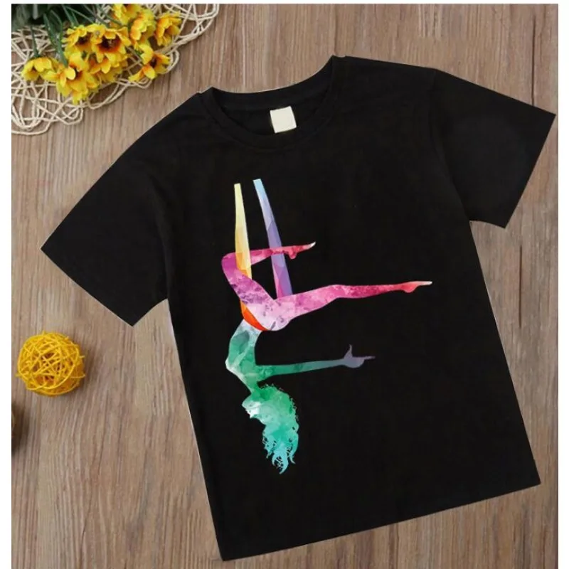 Watercolor Gymnastics T Shirt 2023 Kids Girl Tshirt Gymnastics Art Top Tee Fashion Children ClothesBlack T-shirts Clothes Tee