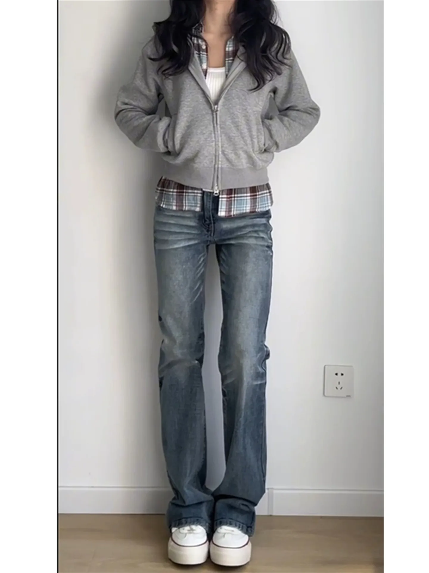 

American Style Vintage Blue Bell Bottom Jeans Women's Slimming Design Tall Extended Casual Pants Low Waist Straight Leg Jeans
