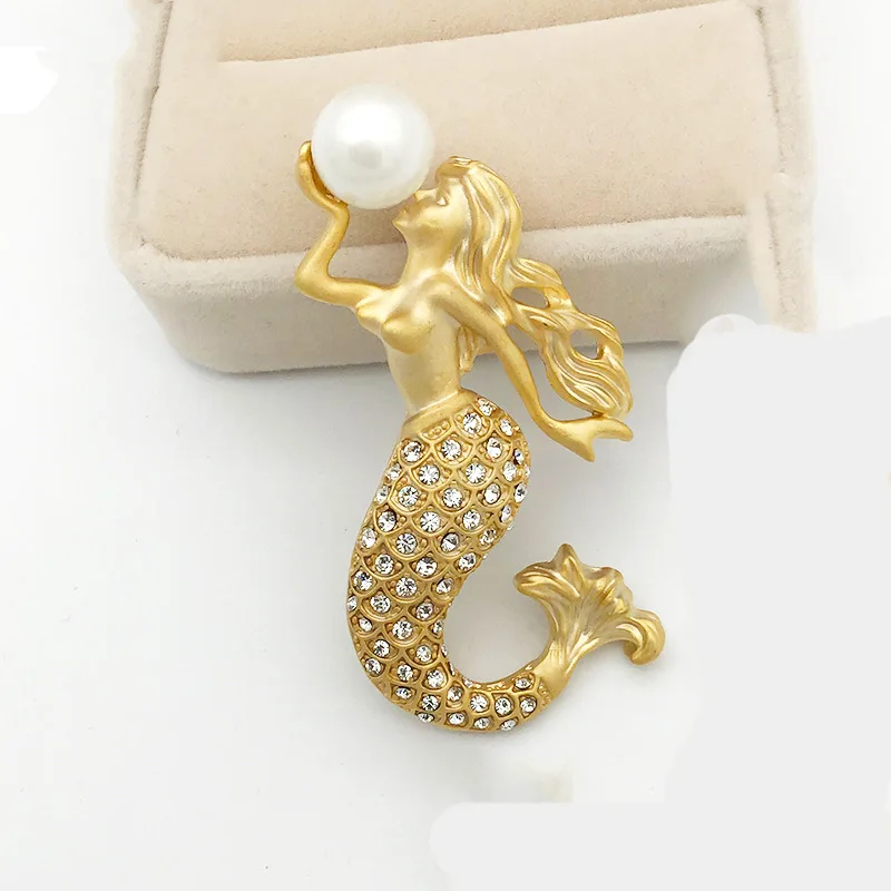 SKEDS New Vintage Women Lady Rhinestone Mermaid Pearl Brooches Pins Elegant Exquisite Accessories Wedding Party Corsage Pin Gift