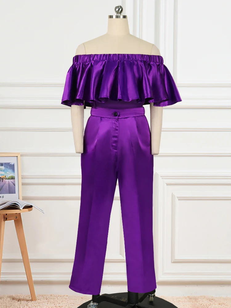 Purple Plus Size Sets Women Off Shoulder Ruffles Tops and High Elastic Waist Pants for Ladies Street Evening Party Two Piece Set