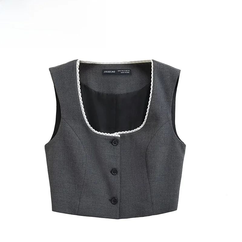 

ZBZA Spring New Sle Women's Faion Design Lace Trim Splicing Vest ort Outerwear Commute Slim Fit Polyester Fiber