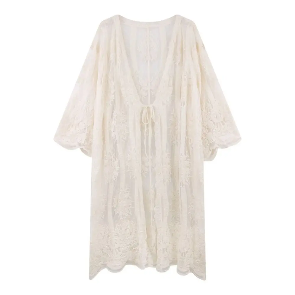 Romantic Lace-Up Lace Blouse Embroidery Long Sleeve Crochet Top Loose Fit Beach Kimono