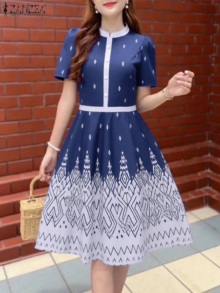 

ZANZEA Elegant Vintage Printing A-Line Dresses Women Fashion Mandarin Collar Short Sleeve Knee-Length Vestidos Fitted Waist Robe