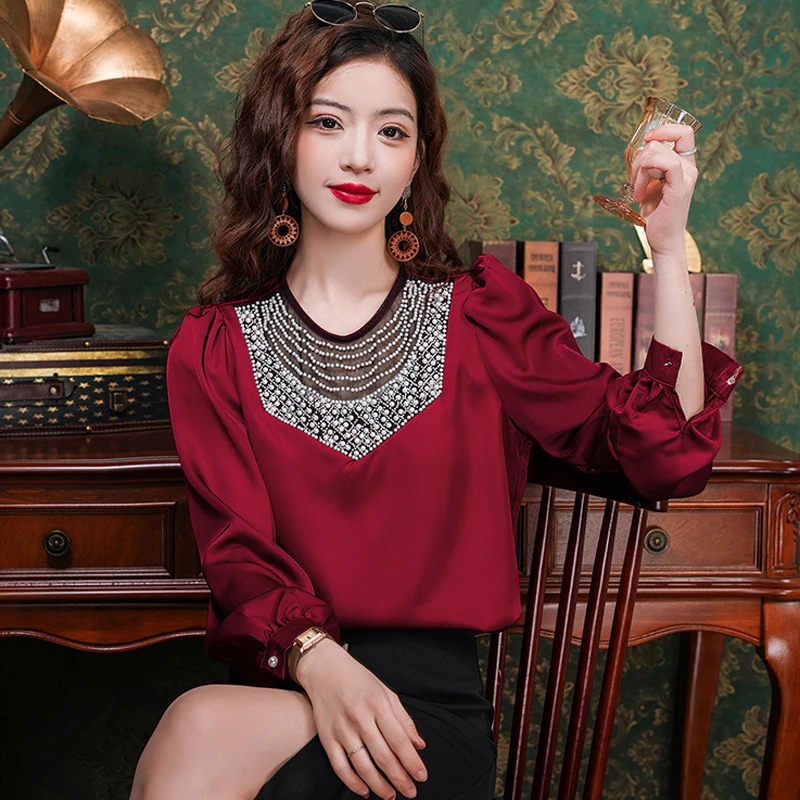 

New Autumn Elegant Luxury Beading O-Neck Casual Blouses For Womens Vintage Temperament OL Office Work Shirt Tops