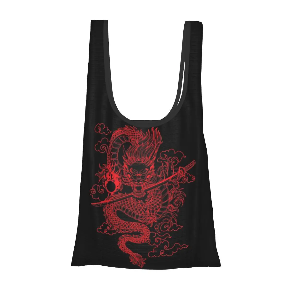التنين الصيني الأحمر مع خلفية سوداء المحمولة حمل أكياس التسوق سعة كبيرة حقيبة المتسوق حقيبة يد البقالة حقيبة الكتف