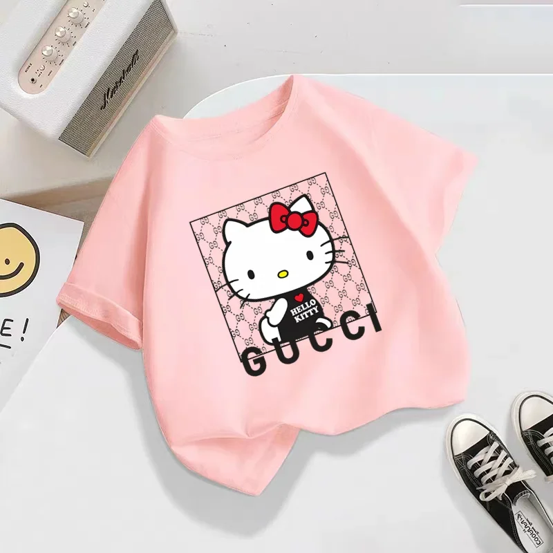 Sanrio Hello Kitty T-shirt Children\'s Clothing Girls T-shirt Short sleeve cartoon anime shirt Baby Boys Clothing set Casual top