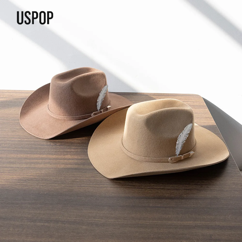 قبعة رعاة البقر من الصوف للجنسين من USPOP مع ربطة عنق على شكل أوراق شجر معدنية على الطراز الغربي بحافة واسعة في الهواء الطلق مقاسات M-XL #5