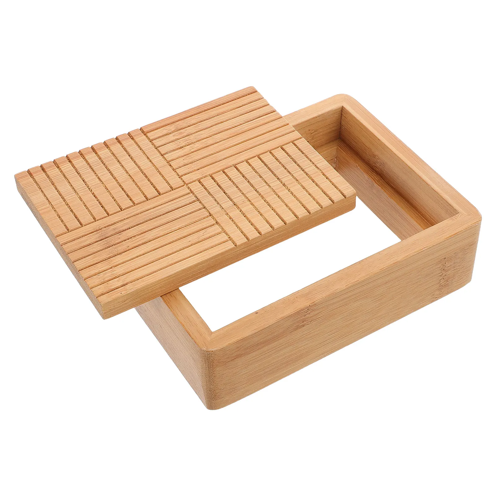 

Rustic Bamboo Dish Holder Large Rectangular Design Open Structure Farmhouse Style Bathroom Kitchen Tray Sturdy Soap