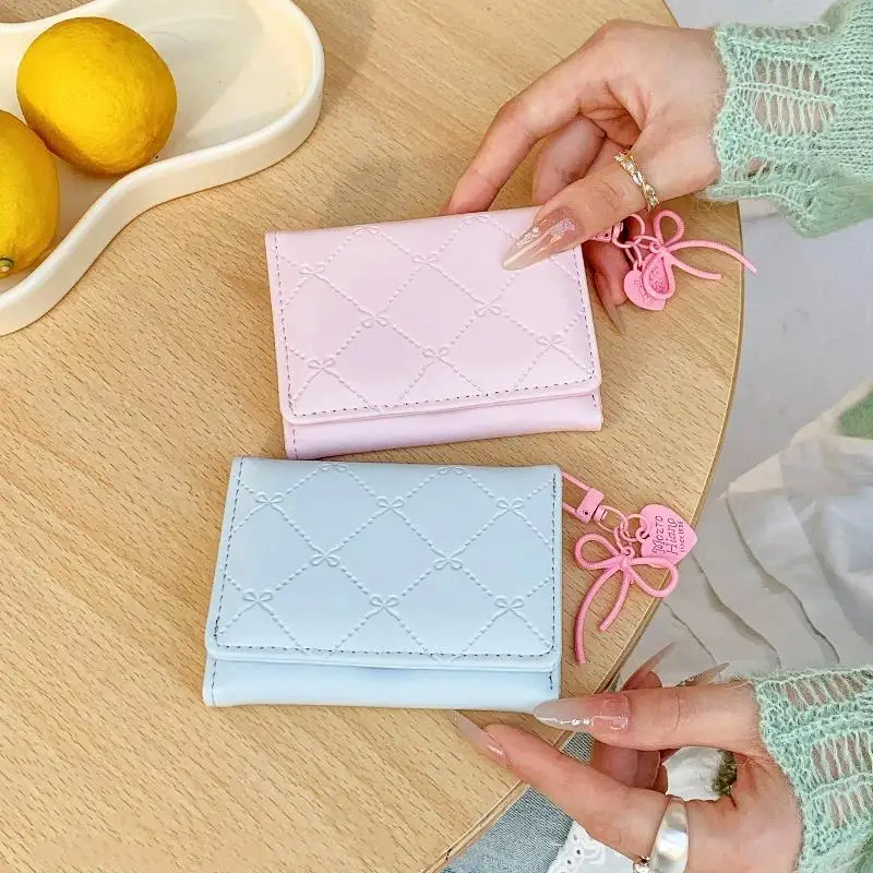 Womens Faux Leather Short Wallet With Bow Quilted Pattern Multiple Card Slots Perfect For Daily Shopping Commute Travel