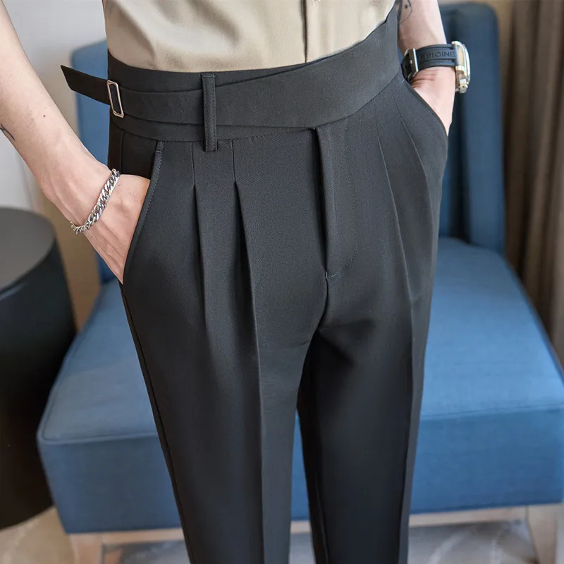 Naples High Waist Casual Pants Pantalones Hombre Slim Fit Mens Clothing Fashion Belt Designer Pleated Trousers Men Korean Style