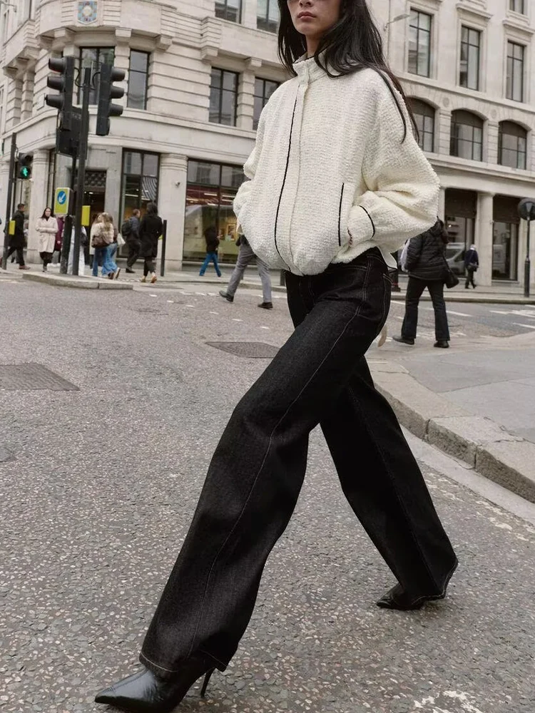 Nowy modny damski płaszcz w stylu europejskim i amerykańskim, luźny, z blokami kolorów, stójką i długimi rękawami.