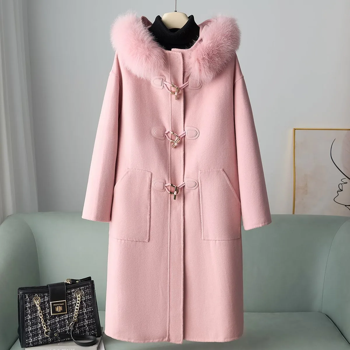 جديد خريف 2025 معطف صوفي 100% متعدد الاستخدامات من فرو الثعلب بقلنسوة طويل على الوجهين للنساء