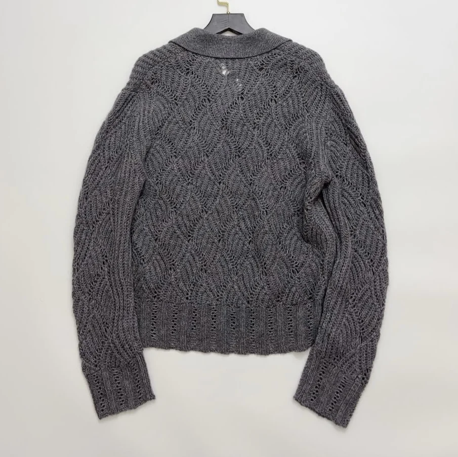 

Женский кашемировый свитер с отложным воротником, ажурной вязкой и свободным кроем