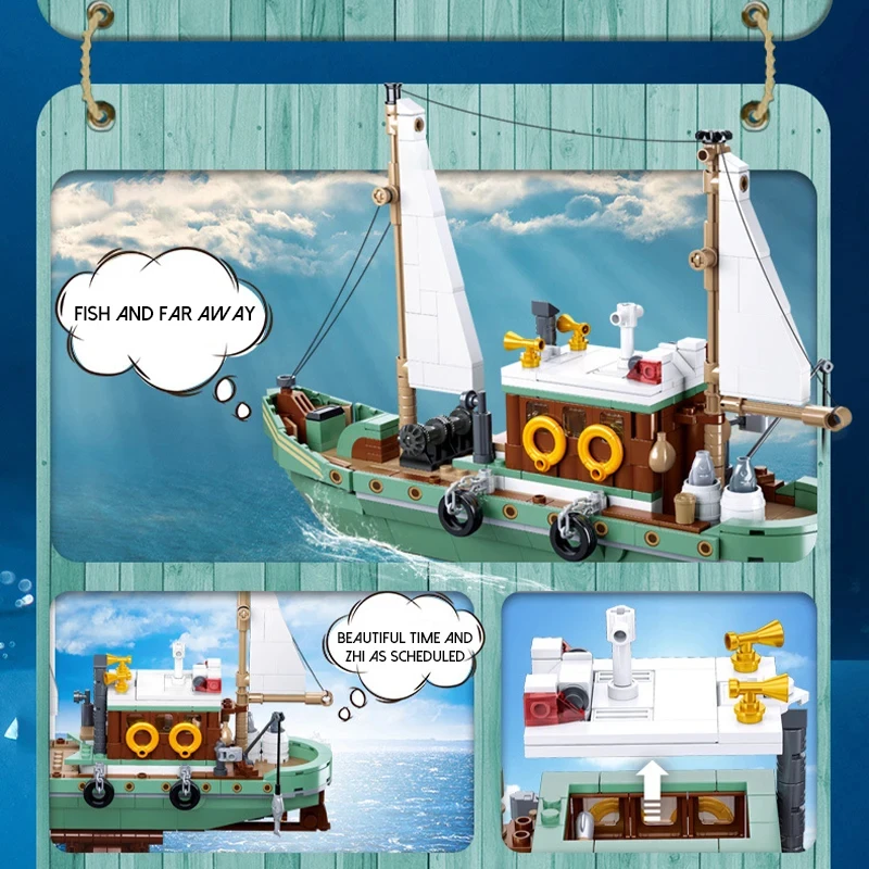 Barco de pesca rastreador grande tubarão branco barco blocos de construção navio pirata modelo tijolos conjunto com mini figuras crianças brinquedos diy presentes