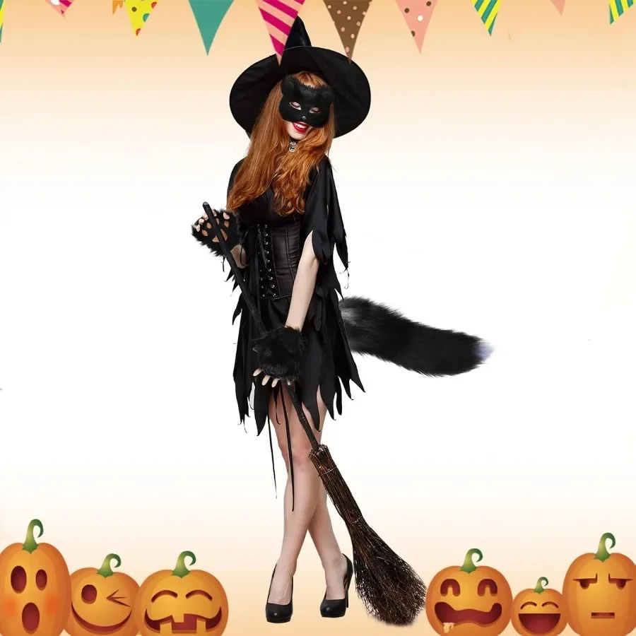 Zestaw maski i ogona theriana dla dziewczynek na Halloween, futrzana maska lisa, ogon wilka, kostium kota ze skórzanym chokerem, sztuczne futro, cosplay