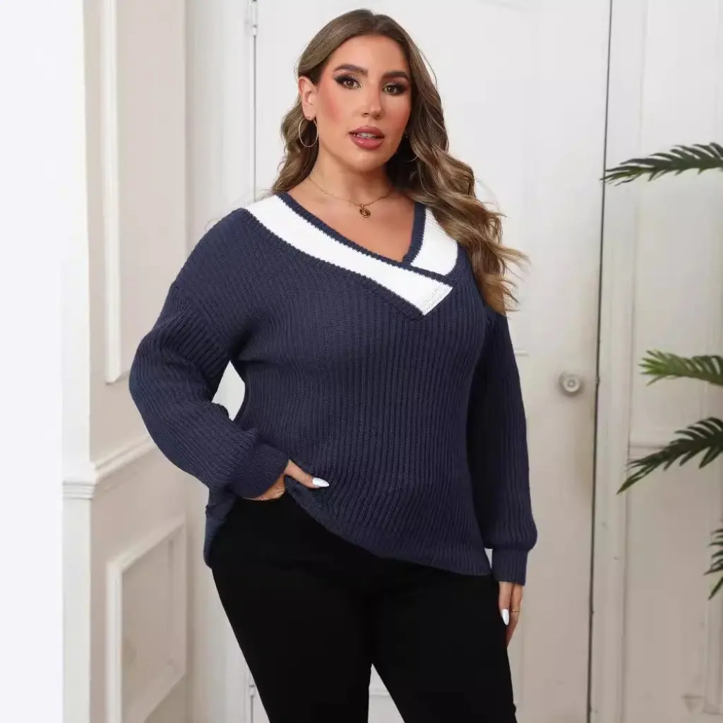 

plus Size Women's Loose Woven Sweater Contrast Color Stitching V-neck Pullover European American Style F692