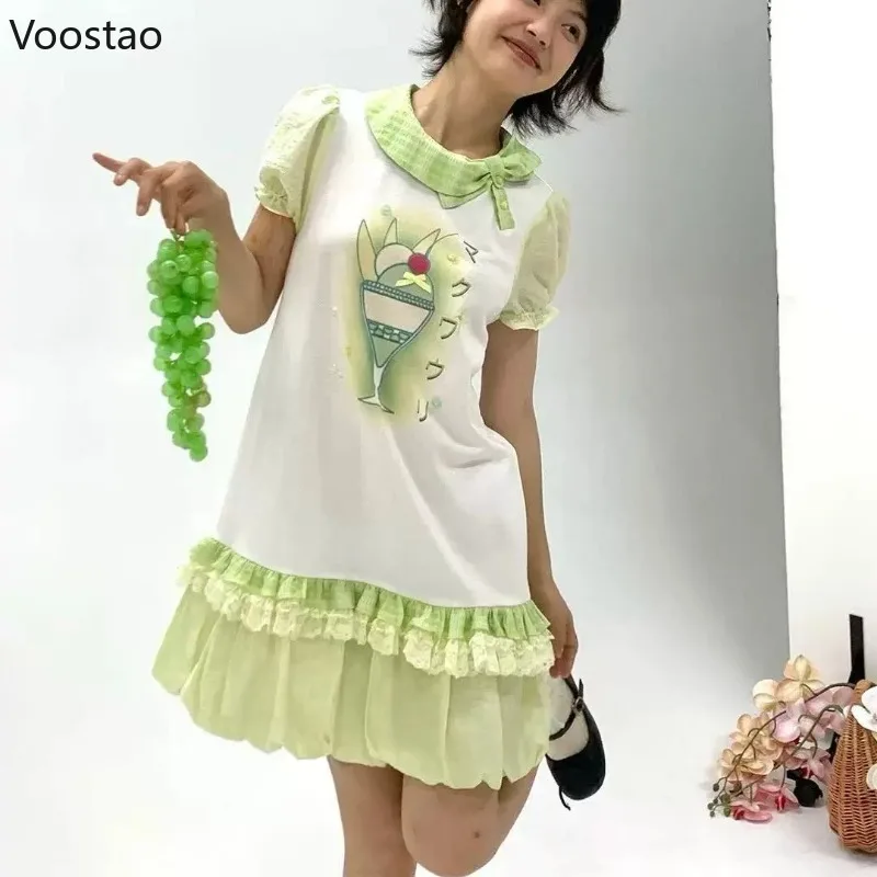 Vintage Süße Lolita Stil Kleid Frauen Japanische Kawaii Spitze Rüschen Party Mini Kleider Koreanische Nette Print Puff Sleeve Fee Kleid