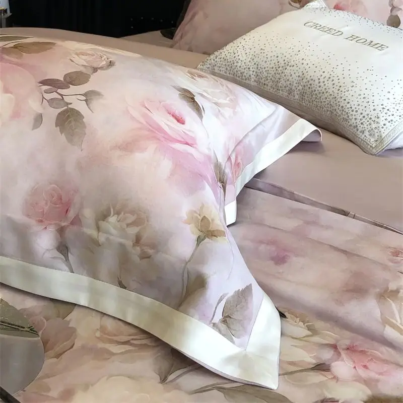 Natural Skin-friendly Lyocell Cotton Bedding Set Pink Rose Flowers Print Duvet Cover Set Bed Sheet Fitted Sheet Pillowcases 4Pcs