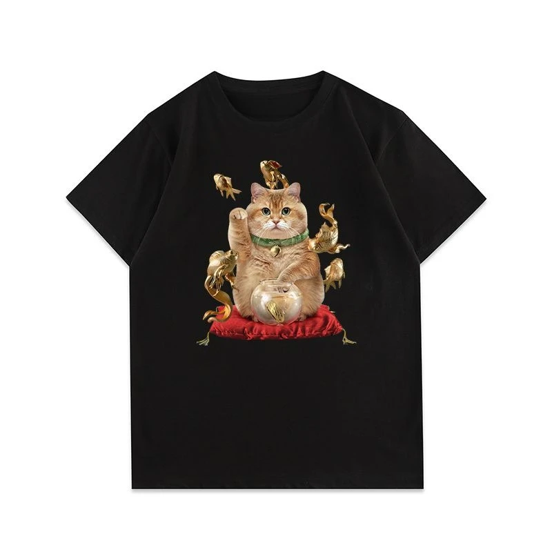 

2026 Винтажная американская High Street Fortune Cat с принтом, удобная повседневная футболка с короткими рукавами, наряд для пар для женщин